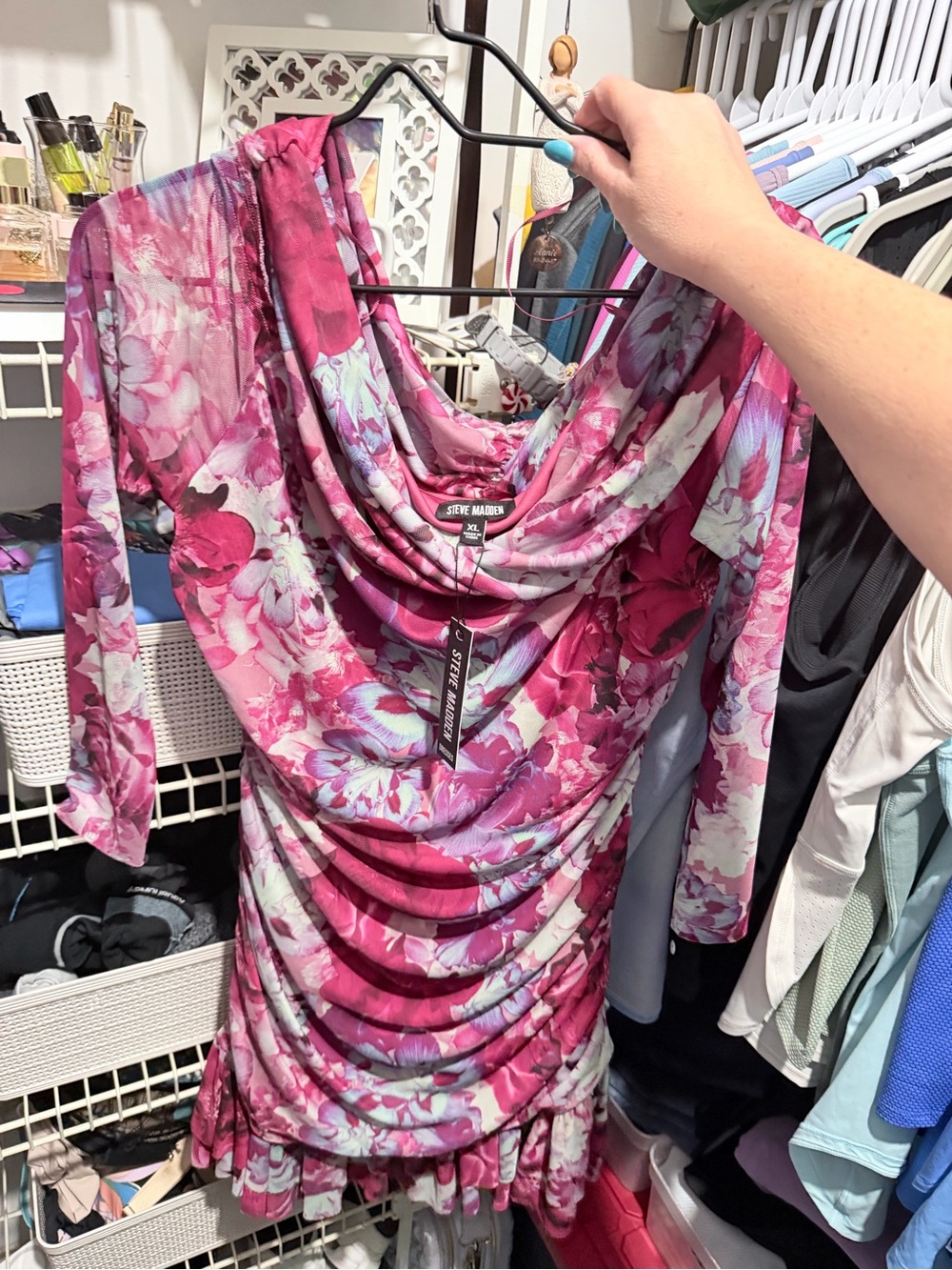 Steve Madden Pink Floral Ruched Cowl Neck Dress
